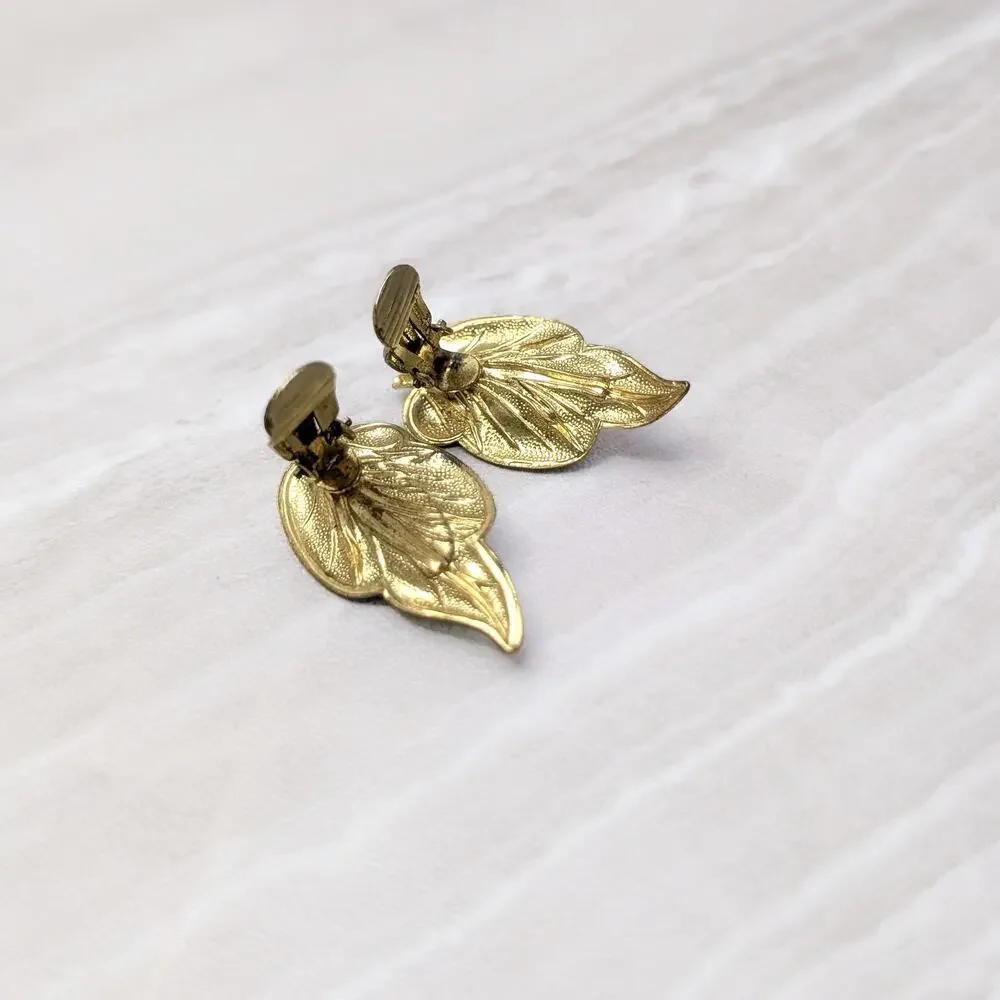 Vintage Clip On Earrings Light Green, Gold Tone, Faux Pearl - Condition Issues